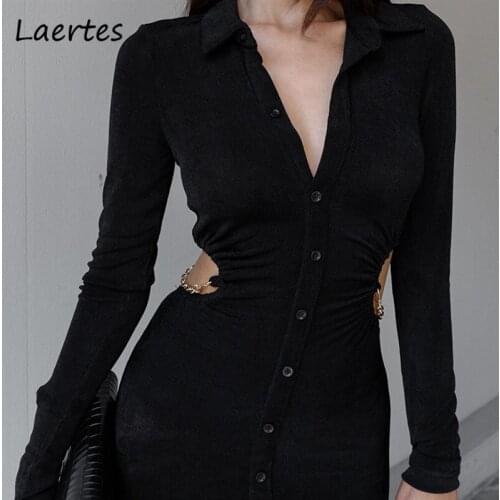 Laertes Long Sleeve Dress For Women 2021 Autumn Turn Down Collar Female Sexy Hollow Out V Neck Dresses Bodycon Button Vestidos