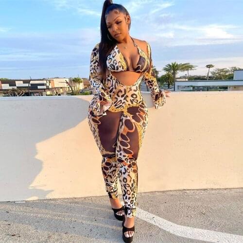 Leopard Patchwork 2 Piece Tracksuit Womens Set Cleavage Bra Tops and Long Flare Sleeve Skinny Jumpsuit Streetwear Sweatsuits