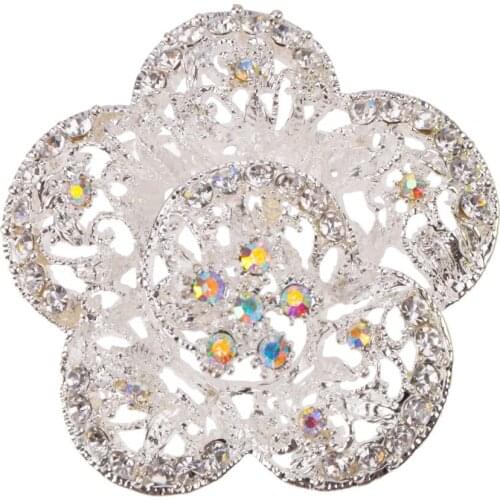 Cute Crystal Brooch Pins 5.6cm Silver Color Flower Rhinestones Brooches for Women Wedding Scarf Jewelry Vintage Lapel BRO63