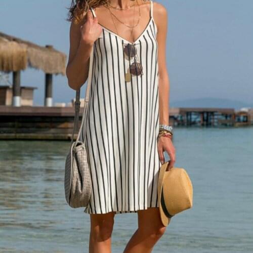 Summer Fashion Women Stripe V Neck Sleeveless Mini Sexy Dresses Cover Ups Female Strappy Summer Slip Short Mini Loose Sundress