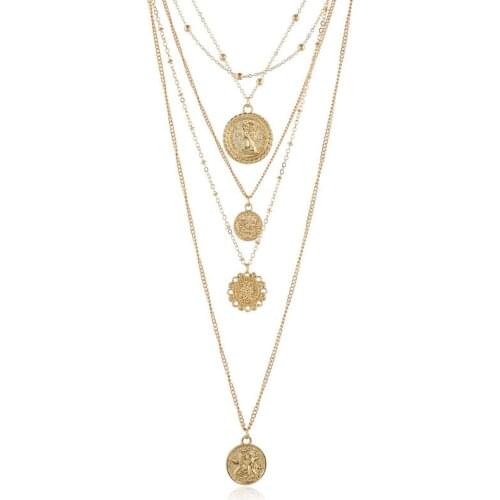 Fashion Simple Gold Color Layered Necklace Women Coin Avatar Long Statement Temperament Pendant Necklace 2020