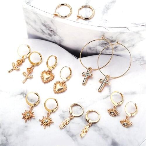 IF ME Fashion Mixed 7Pairs/Set Gold Metal Round Circle Hoop Earrings Set For Women Heart Cross Eyes Pendant Earrings Jewelry New