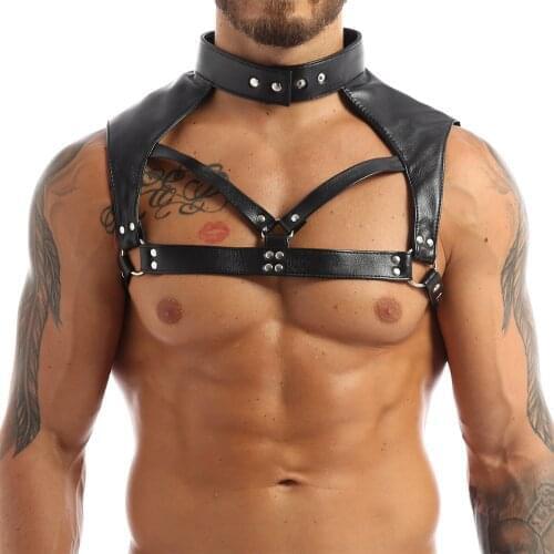 Mens Lingerie Harness Faux Leather Adjustable Body Chest Harness O-rings Rivets Bondage Costume with Choker Neck Press Button