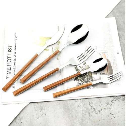 Stainless Steel Cutlery Set Imitation Wooden Handle Dinnerware Knife Dessert Fork Spoon Tableware Set Kitchen Dinner Silverware