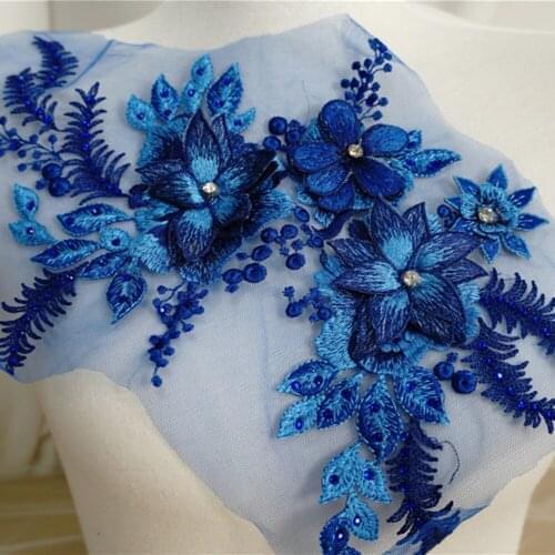 New arrive 1 Pair Embroidery Lace Applique 3D Floral Beaded Rhinestones Sewing Applique Trim for DIY Dress Clothing Accessories