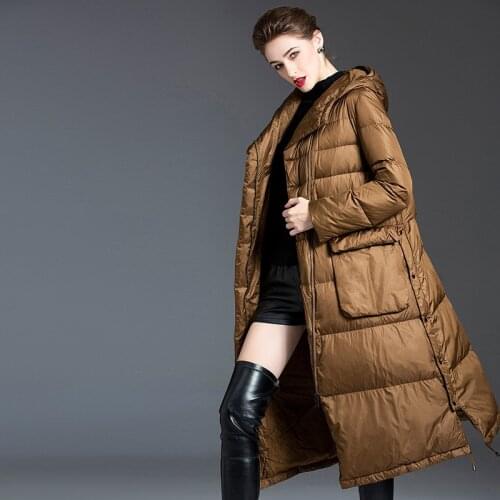 Large size hooded down jacket womens winter clothes new loose mid-length over the knee white duck down solid color coat