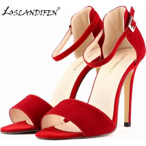 LOSLANDIFEN Women High Heels Sexy Sandals Open Toe Ankle Strap Sandal Flock Thin Red Wedding Party Shoes Plus Size 102-2VE