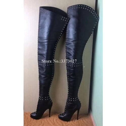 New Black Leather Rivets Thigh High Boots Woman Sexy Round Toe Stiletto Heel Studded Over the Knee Long Boots Lady Real Photos