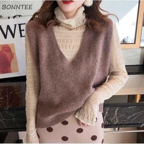 Sweater Vest Women Elegant Female Sleeveless V-Neck College Cropped Knitted Spring Leisure Elasticity Lady Fashion BF Warm Chic