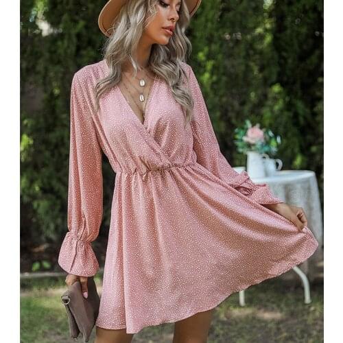 Foridol Polka Dot Long Sleeve Autumn Dress Casual V Neck Ruffle Short Pink Dress Vestidos 2021 Dress Robe Femme