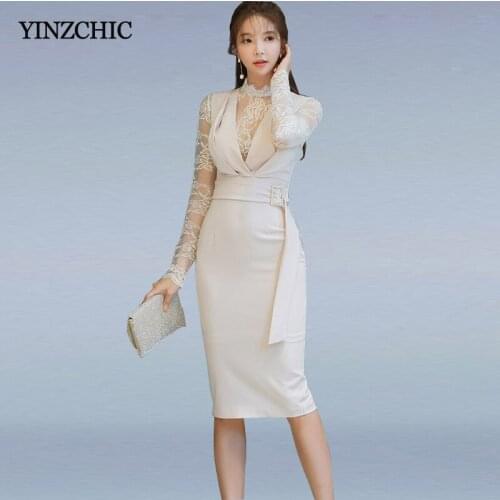 Spring Woman Slim Pencil Dress Fake 2pcs Ladies Office Mid Dresses Lace Patched Bodycon Knee-length Dress for Woman Party