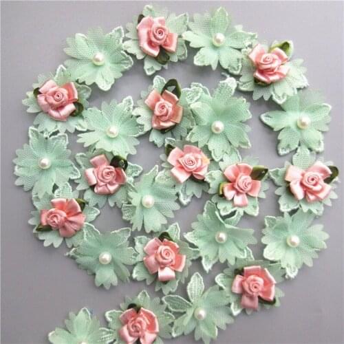 1 Yard Green and Pink Pearl Rose Flower Embroidered Lace Trim Ribbon Fabric Handmade Sewing Craft For Costume Hat Shoes Decor
