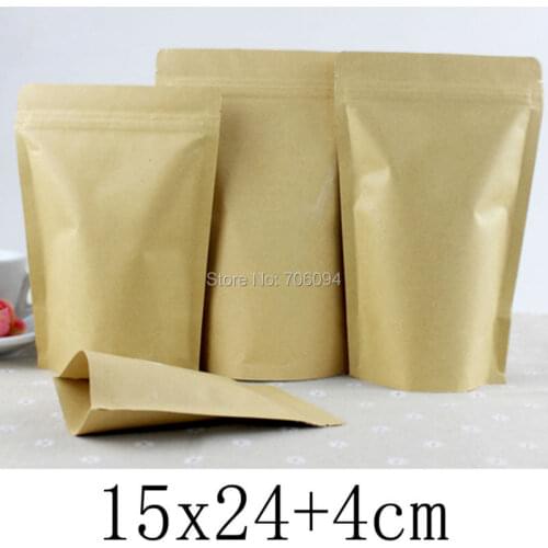 15*24+4cm(5.9*9.44 inch) 100Pcs Kraft Paper Bag For Tea Powder Food Packaging standup Zip Lock Bags Gift Bag Paper Kraft pouch