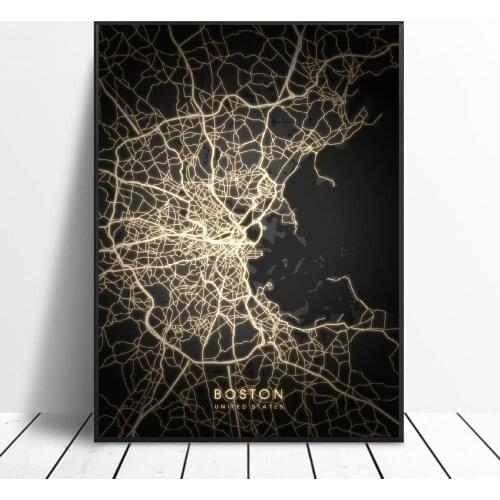 Atlanta Austin Boston Chicago Dallas United States Black and gold Canvas Wall Art Map Poster for living room home decor frame