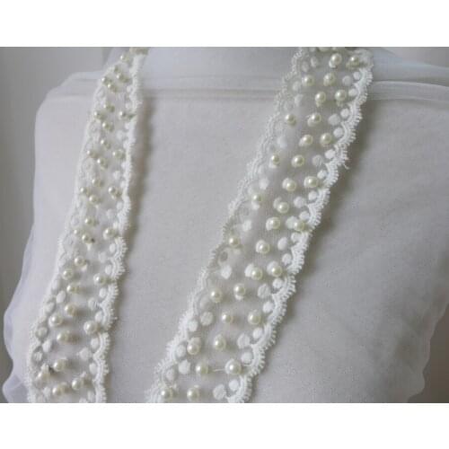 Ivory White Pearl Bead Beaded Trims Sew On Collar Mesh Ribbon 4cm Wide For Bridal Sash, Jewelry Headpiece DIY Dress Belt
