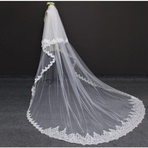 High Quality 2 Layers Long 3M Wedding Veil 3 Meters 2T Sequins Lace Cover Face White Ivory Bridal Veil Bride Accessories