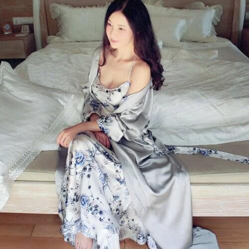 Autumn Floral Print Silk Luxury Women 2 Pieces Robes Sets Long Sleeve Elegant Sleepwear Female Bathrobe Sexy Lingerie 5588