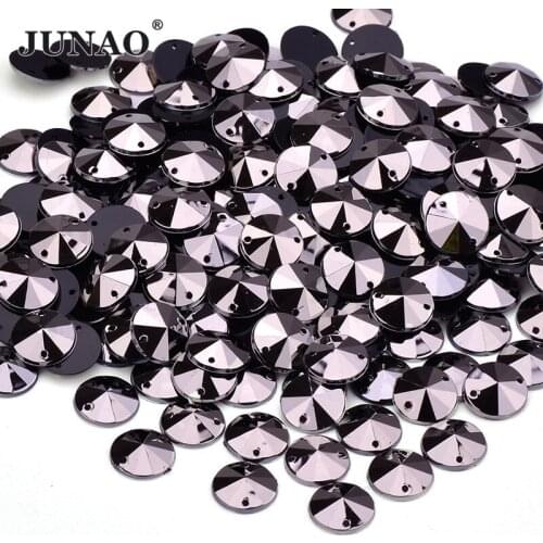 JUNAO 500pcs 10mm Gun Black Sewing Round Rivoli Rhinestones Flatback Acrylic Crystals Strass Sew On Stones for Garment