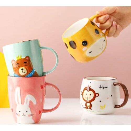 Cartoon Pattern Ceramic Mugs Rabbit Embossed Pattern Monkey Bear Giraff Water Milk Juice Coffee Breakfast Cups 300-400ml