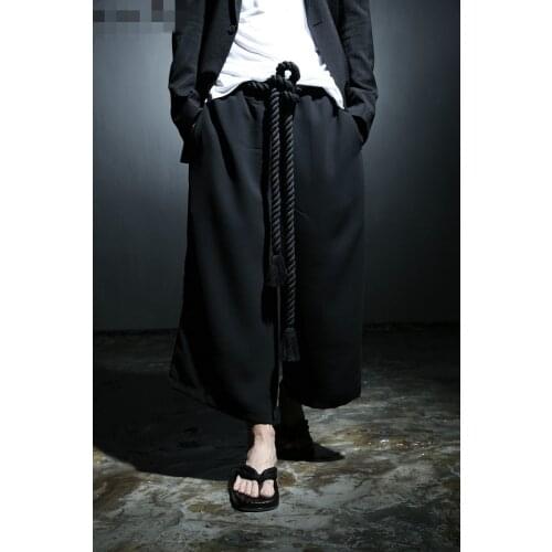Korean fashion mens new solid color loose wide leg pants casual pants Harem Pants skirt Pants Capris elastic waist