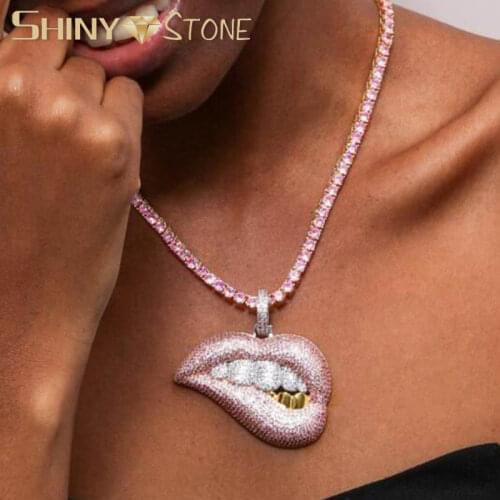 Micro Pave Pink Cubic Zirconia Drip Lip Pendant Necklace Tone Color Iced Out Bling 5mm CZ Tennis Chain For Women Hiphop Jewelry