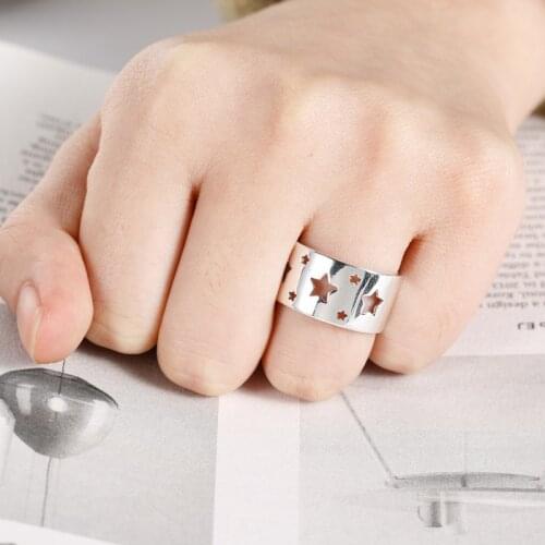 Trendy Five-pointed Star Hollow Wide Face Copper Open Ring For Women Engagement Wedding Party Adjustable Rings Jewelry
