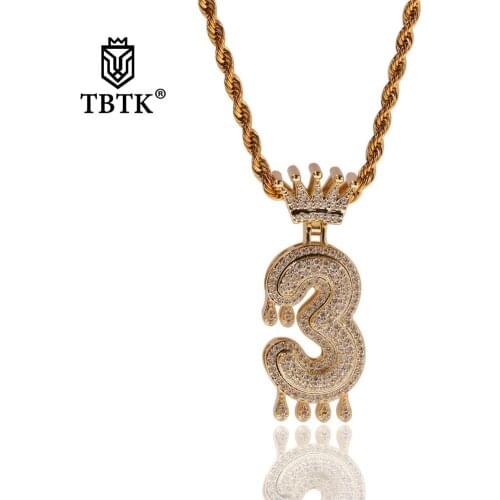 TBTK Fashion Crown Dripping Number Pendant Hollow Gold Chain Necklace Crystal Bubble Digit Pendant Iced Out Jewelry Trendy Men
