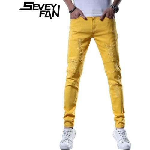 SEVEYFAN Mens Skinny Embroidery Ripped Jeans Candy Colors Patchwork Slim Pencil Denim Pants High Quality Jeans Trousers
