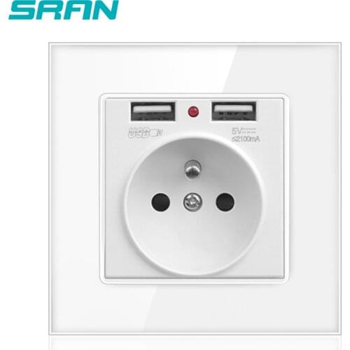 French Wall Power Socket,16A Electrical Outlet With 2100mA dual Usb Charger Crystal Glass Panel 86*86 Colorful