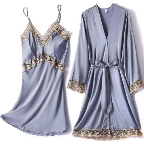 Sleepwear Women Robe Sets Lace Nightdress Kimono Bathrobe Bride Wedding Pajamas Lace Trim Womens Dress Casual Home Clothes 2021