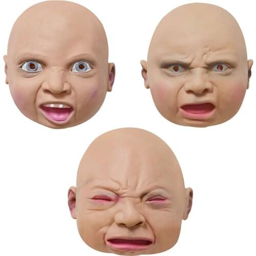 Realistic Crying Baby Mask Halloween Bar Cosplay Prop Latex Full Head Crying Angry Face Mask Room Haunted House Horror Mask