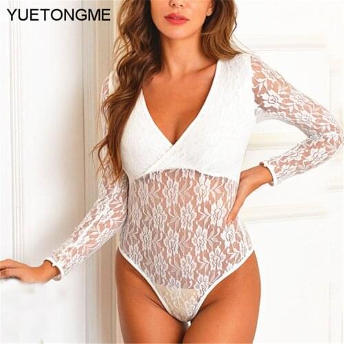 Sheer lace bodysuit women deep V neck transparent mesh bow sexy jumpsuit 2021 lace bodysuits thong TSP112
