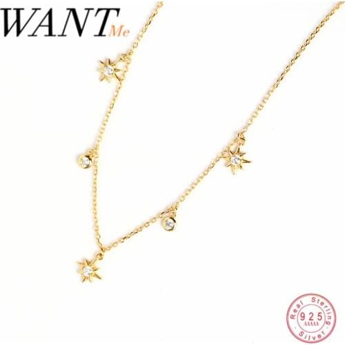WANTME Luxury Chic Round Zircon Real 925 Sterling Silver Star Pendant Chain Necklace for Women Minimalist Jewelry Accessories