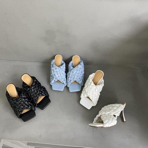 New Handmade Weave Slippers Women Square Toe Thin High Heels Sandals Summer Party Shoes Runway T-Show Slides Candy Colors