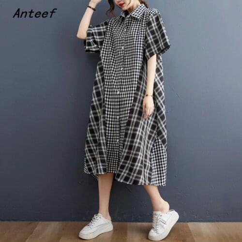 Short sleeve cotton vintage plaid dresses for women casual loose long woman summer shirt dress elegant clothes 2021