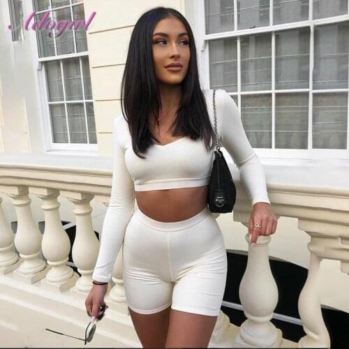 Women Tracksuit Set Casual Solid Long Sleevee Corp Top + Biker Short Pants Suit Soprtwear Two Piece Outfit Jogging Home Clothes