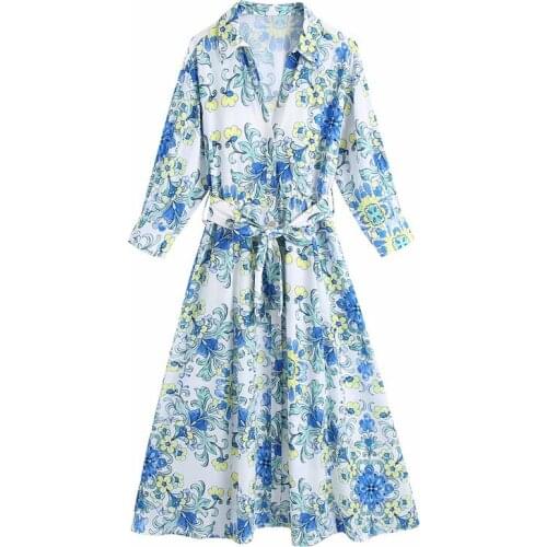 Evfer Women Fashion Blue Floral Print High Waist Nice Za Long Dress With Belt Girls Elegant Long Sleeve V-Neck Summer Dresses