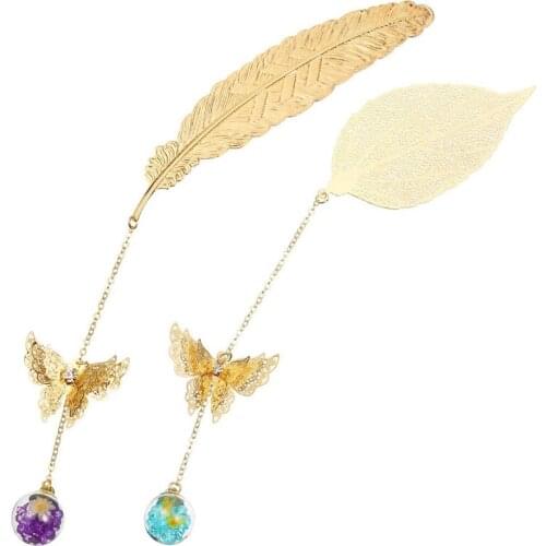 2 Pieces Metal Feather Bookmark Metal Leaf Bookmark with 3D Butterfly for Reader Students Friends