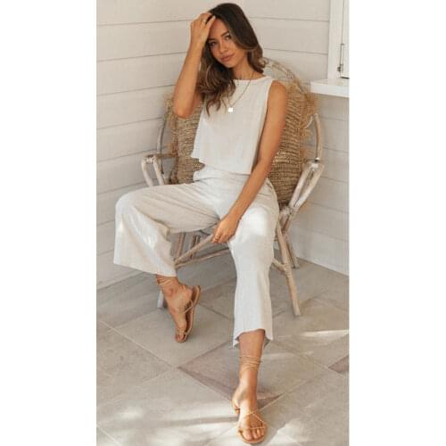 2021 Womens Solid Color Cotton and Linen Casual Suit Vest Long Loose Pants Breathable Casual Home Service Linen Sleeveless
