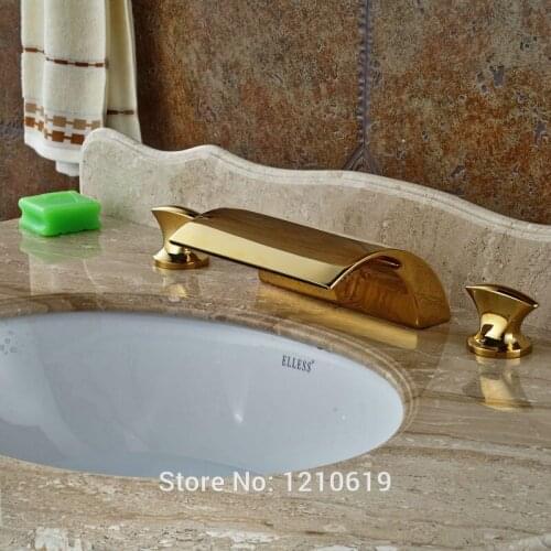 Newly Waterfall Basin Fsucet Dual Handle Gold Plate 3Pcs Sink Mixer Tap Cold&Hot Water Faucet Deck Mount