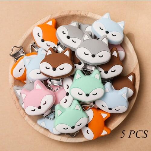 5 PCS Fox Shape Pacifier Clip Silicone Cartoon Metal Pacifier Clip Nipple Chain Accessories NO FPA Safe Baby Teether Dropping
