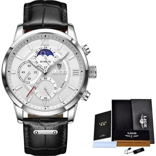 2021 LIGE Watches Mens Top Brand Luxury Clock Casual Leathe 24Hour Moon Phase Men Watch Sport Waterproof Quartz Chronograph+Box