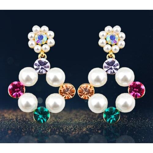 E021 Rhombus Pearl Rhinestone Earrings Women Gold And Silver Color Drop Earrings 2017 Latest Designs Earrings Birthday Gift