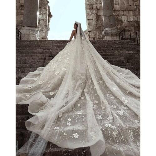 Luxury Beads Wedding Veils Arabic Beaded Stones Bridal Veils Floral Cathedral Ivory Veil Long Without Comb