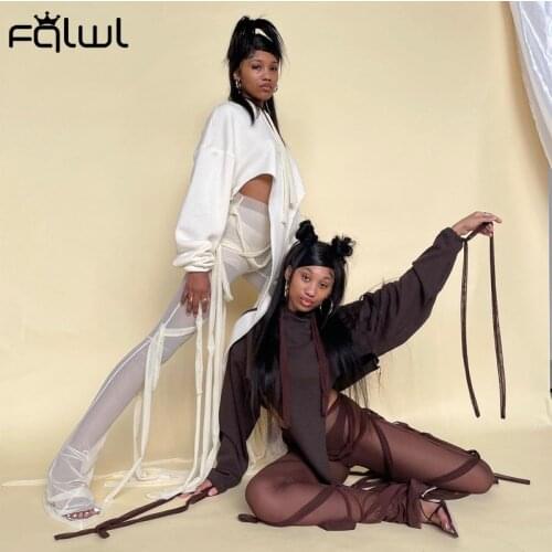 FQLWL High Waist Mesh Flare Stacked Pants Women Transparent Lace Up Sexy Bodycon Pants Female Fall 2020 Ladies Bandage Trousers