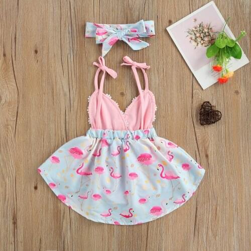2021 Girls Summer OutfitsCute Spaghetti Straps 2Pcs Baby Cartoon Flamingo Flower Skirt Sleeveless Suspender Romper + Headwear