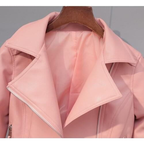Womens Pink Spring Autumn Jacket Motorcycle Coat Pu Leather Slim Abrigo Mujer FM2020 Pph571