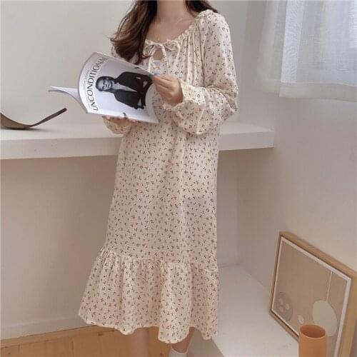 Cute sweet cherry nightgowns women sleep dress long sleeve ruffles o neck cotton nightdress soft lace home clothes apricot Y103