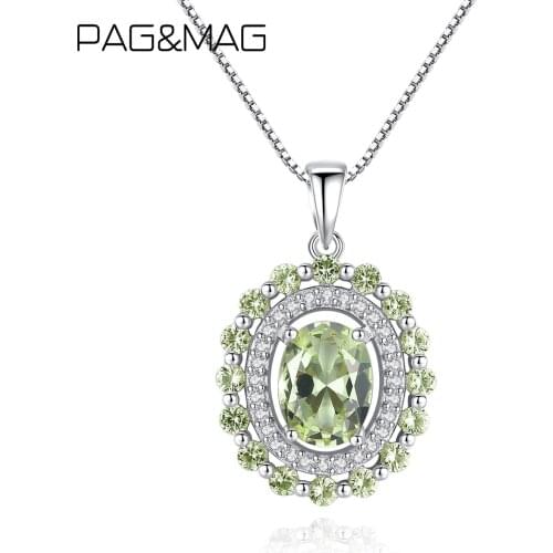 PAG&MAG Created Green Topaz Roun Pendant Necklace Real 925 Sterling Silver Necklace Korean Gemstone Necklace Jewelry SN0103