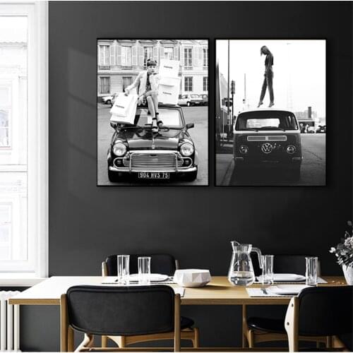 Retro Car Vogue Girl Pictures Home Decor Fashion Retro Style Black White Photo s Vintage Street Art Canvas Painting